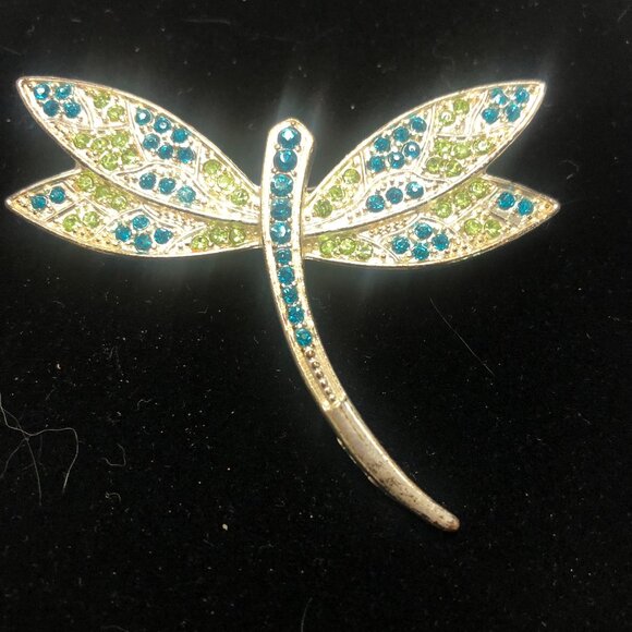 Jewelry - Brooch Dragonfly Emerald Green Blue Iridescent Crystal Rhinestone Vintage